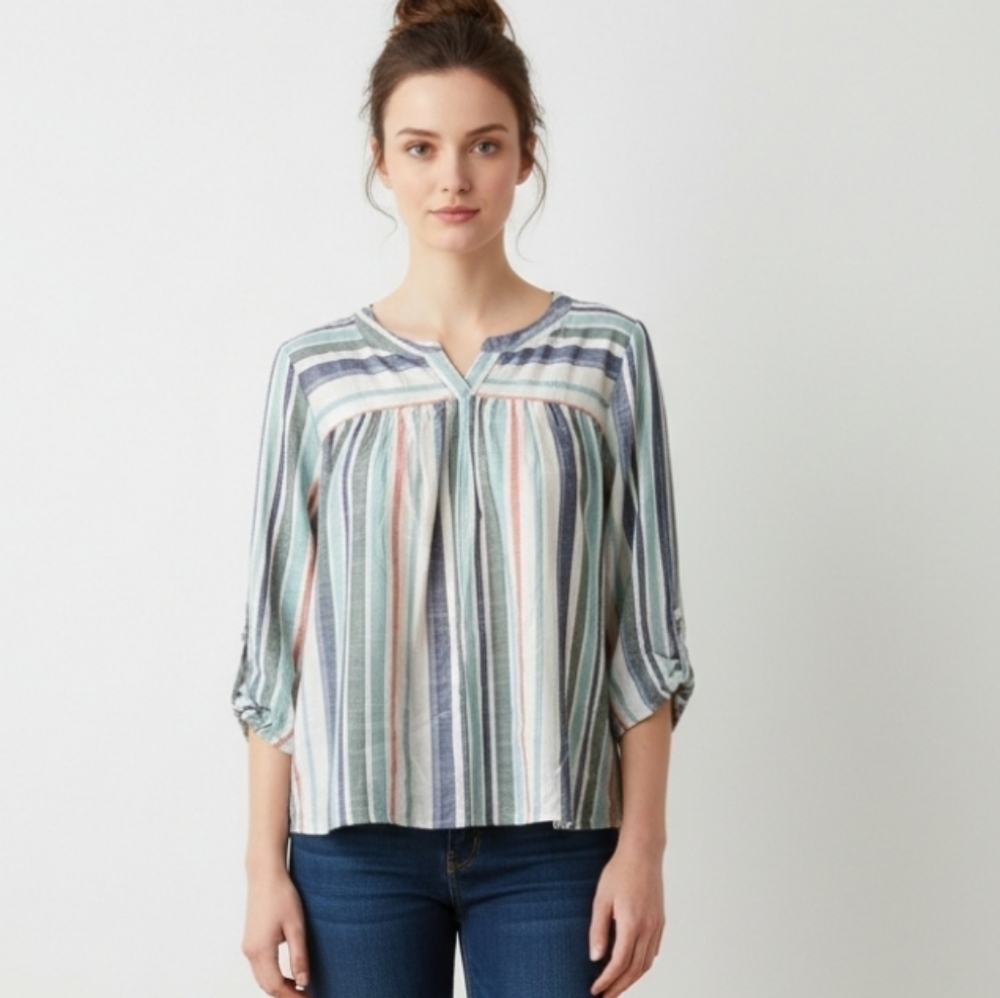 Knox Rose Women's Striped V-Neck 3/4 Sleeve Boho Rayon Blend Blouse